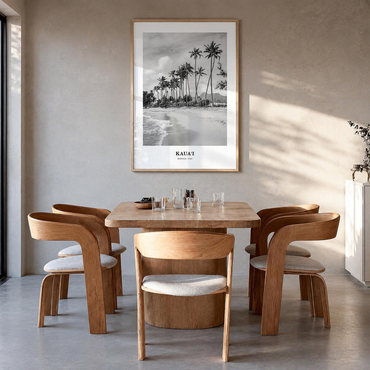 Kauai no. 1 black & white classic poster of Hawaii, USA – vertical wall art in natural wood frame, hanging on wall
