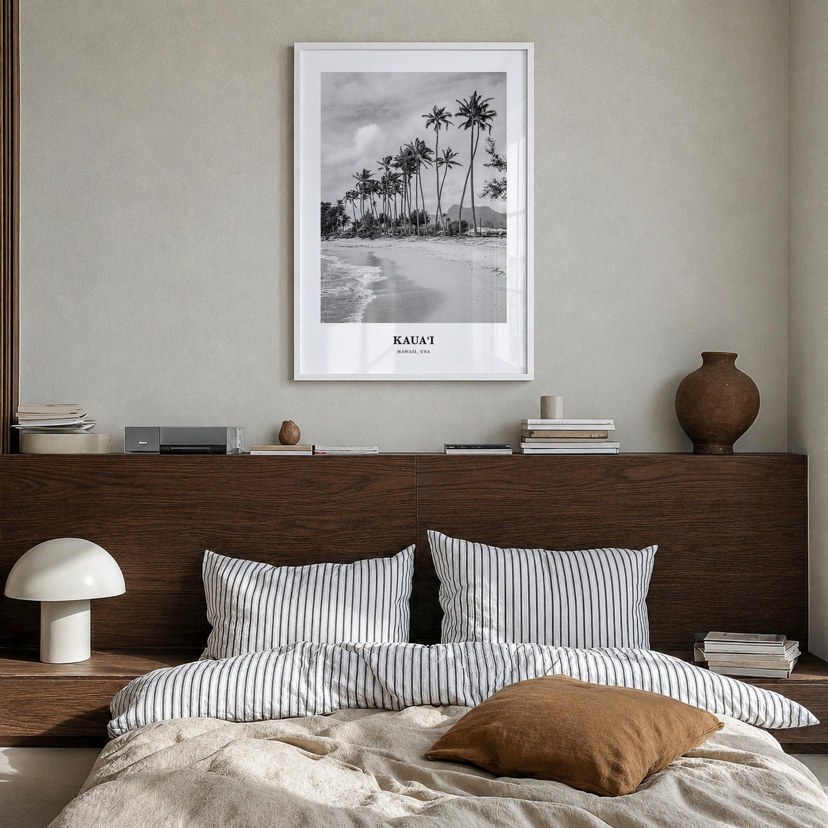 Kauai no. 1 black & white classic poster of Hawaii, USA – vertical wall art in white wood frame, hanging on wall