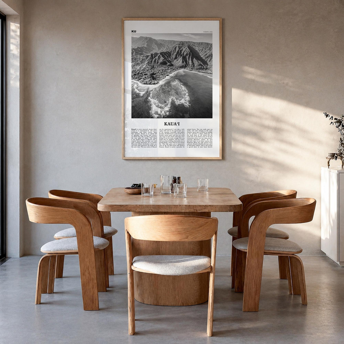 Kauai no. 1 black & white newspaper poster of Hawaii, USA – vertical wall art in natural wood frame, hanging on wall