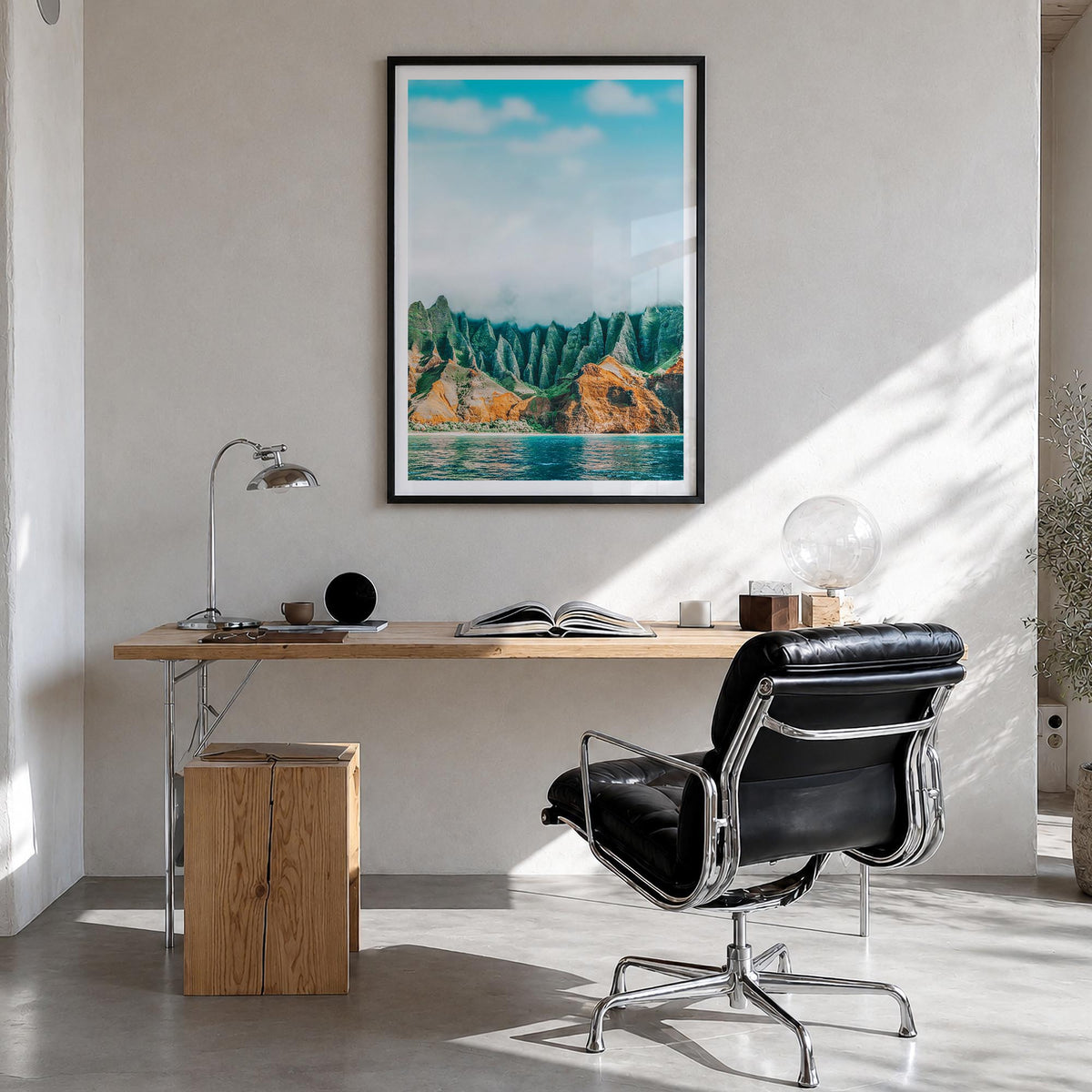 Kauai no. 1 colorful photo poster of Hawaii, USA – vertical wall art in black wood frame with white border, hanging on wall