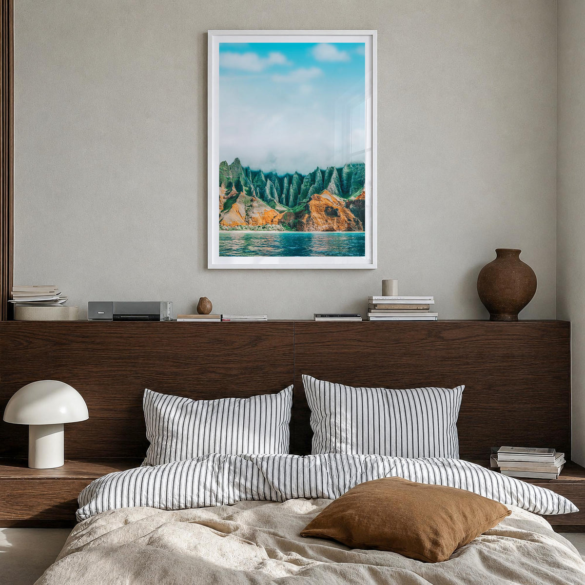 Kauai no. 1 colorful photo poster of Hawaii, USA – vertical wall art in white wood frame with white border, hanging on wall