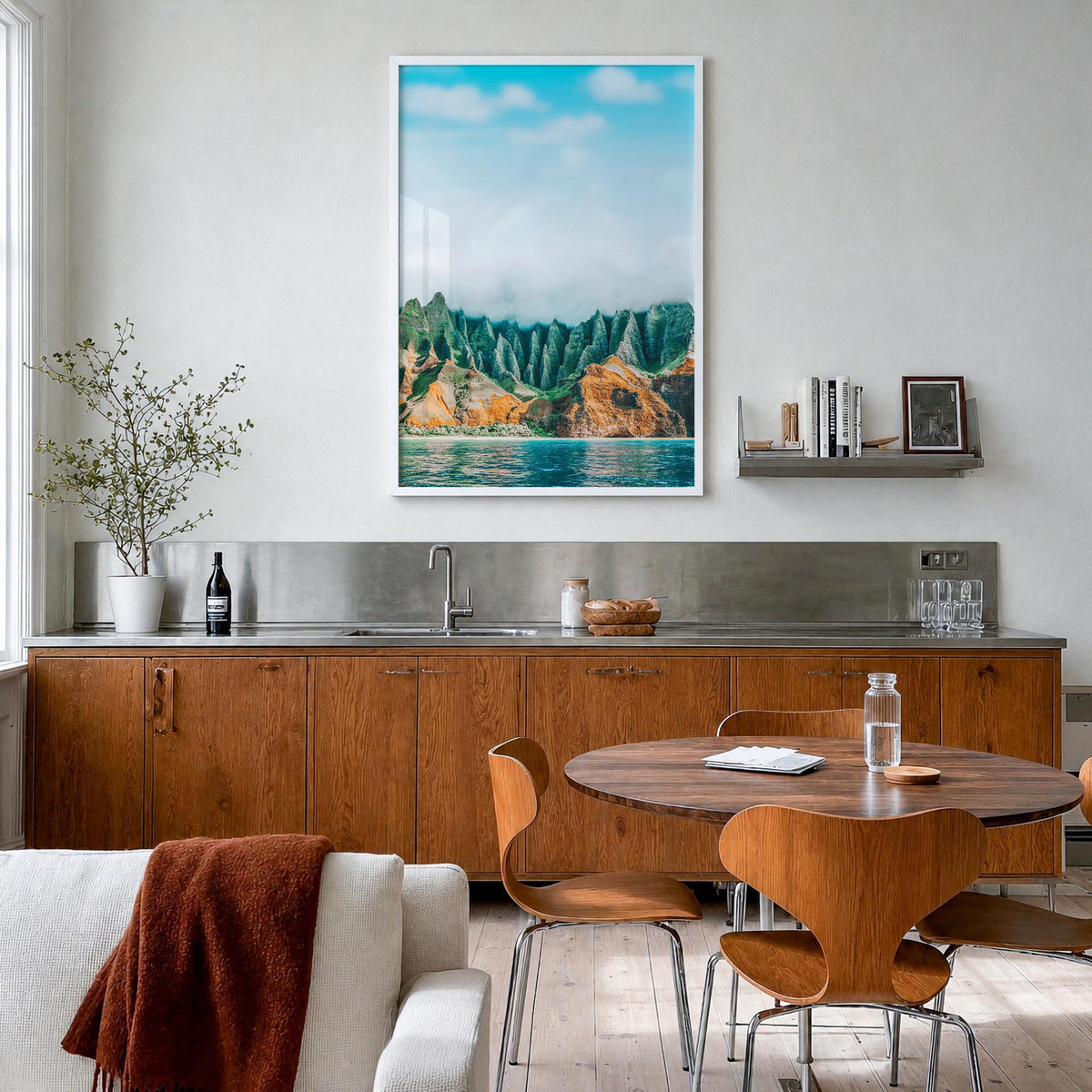 Kauai no. 1 colorful photo poster of Hawaii, USA – vertical wall art in white wood frame, hanging on wall