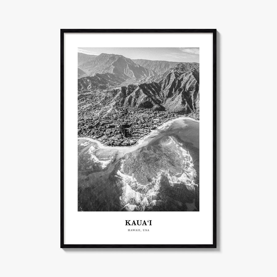 Kauai no. 2 black & white classic poster of Hawaii, USA – vertical wall art, unframed print shown in interior mockup