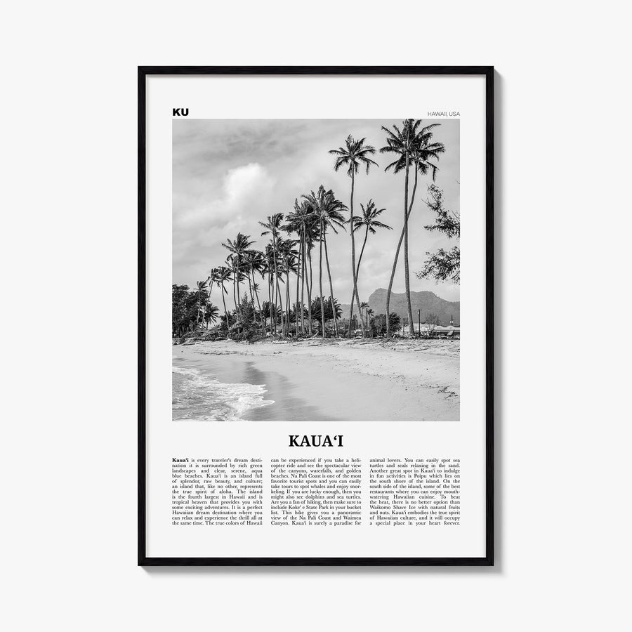 Kauai no. 2 black & white newspaper poster of Hawaii, USA – vertical wall art, unframed print shown in interior mockup