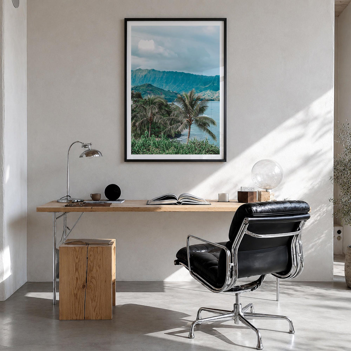Kauai no. 2 colorful photo poster of Hawaii, USA – vertical wall art in black wood frame with white border, hanging on wall