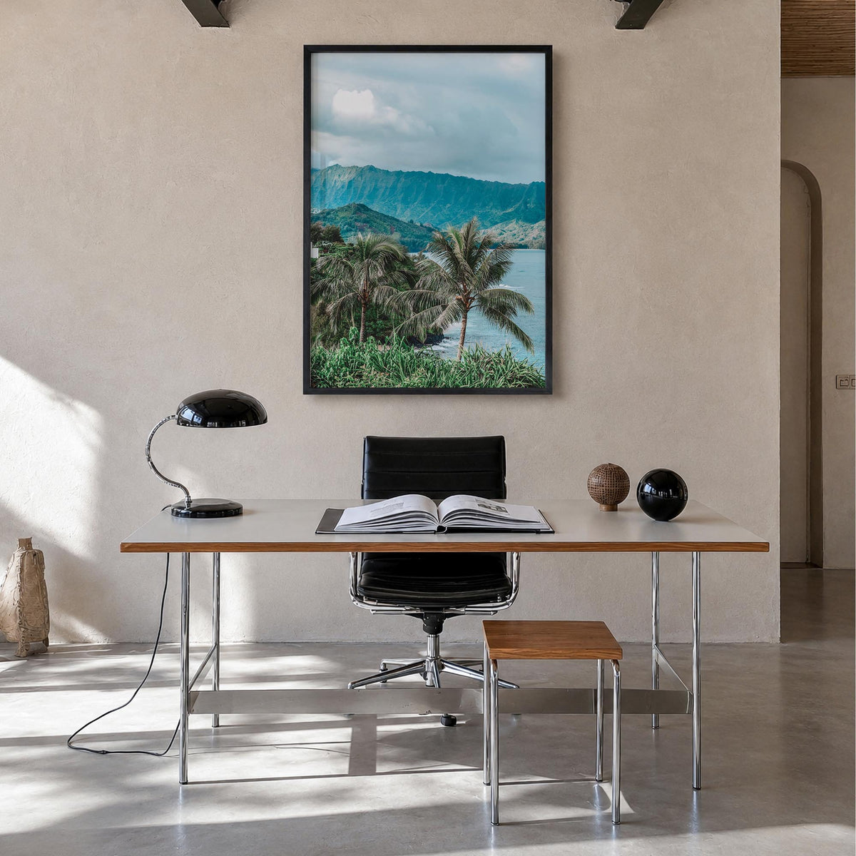 Kauai no. 2 colorful photo poster of Hawaii, USA – vertical wall art in black wood frame, hanging on wall