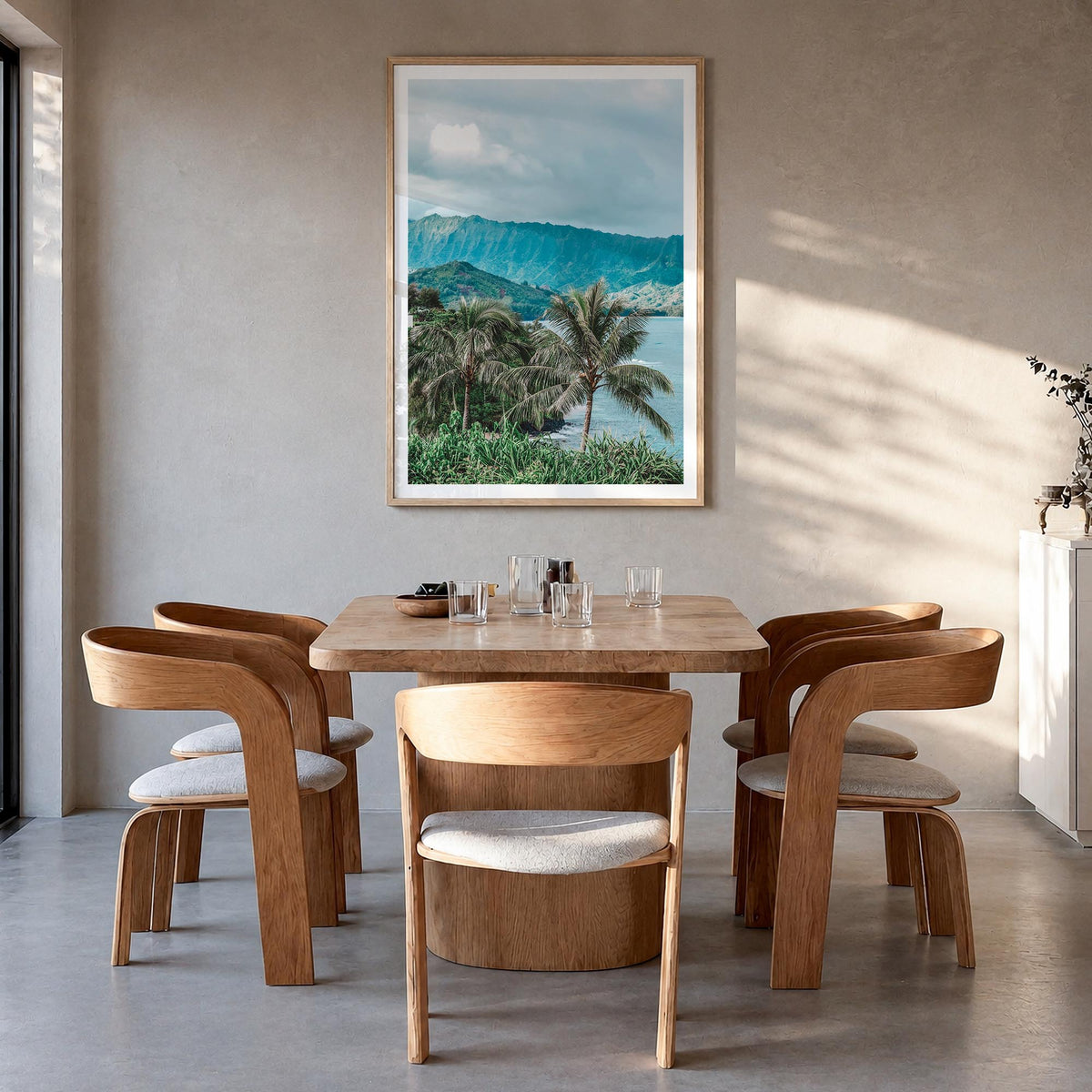 Kauai no. 2 colorful photo poster of Hawaii, USA – vertical wall art in natural wood frame with white border, hanging on wall
