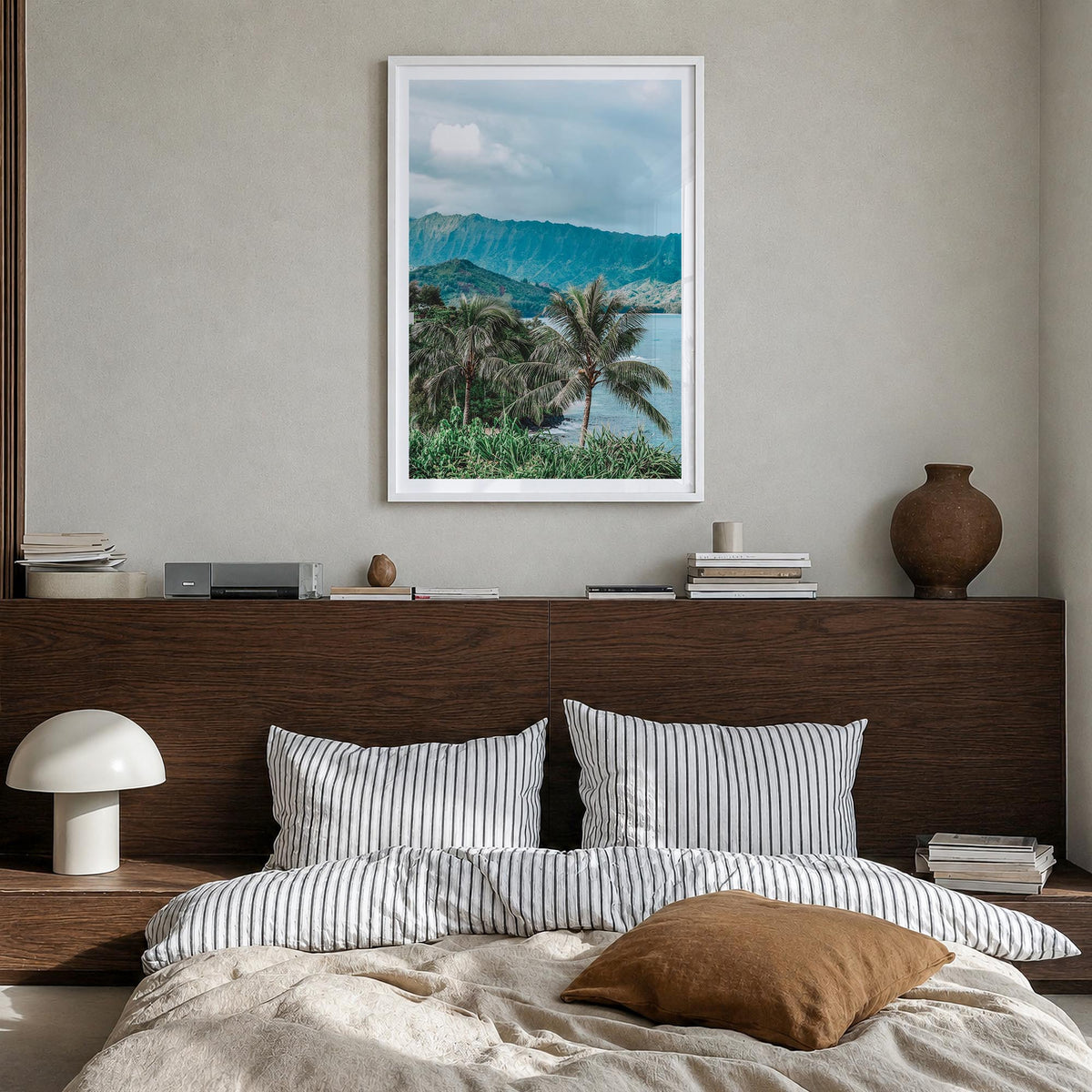 Kauai no. 2 colorful photo poster of Hawaii, USA – vertical wall art in white wood frame with white border, hanging on wall