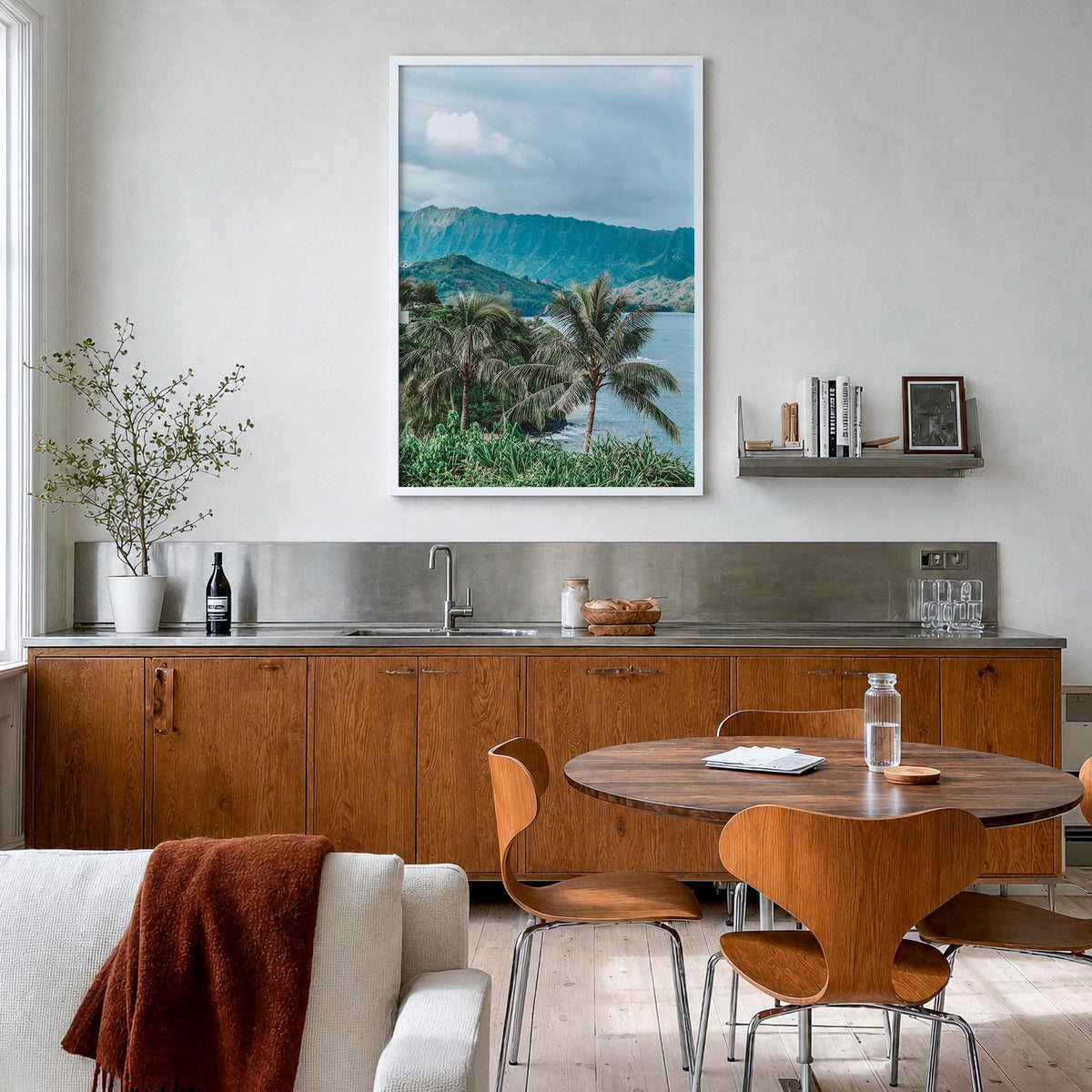 Kauai no. 2 colorful photo poster of Hawaii, USA – vertical wall art in white wood frame, hanging on wall