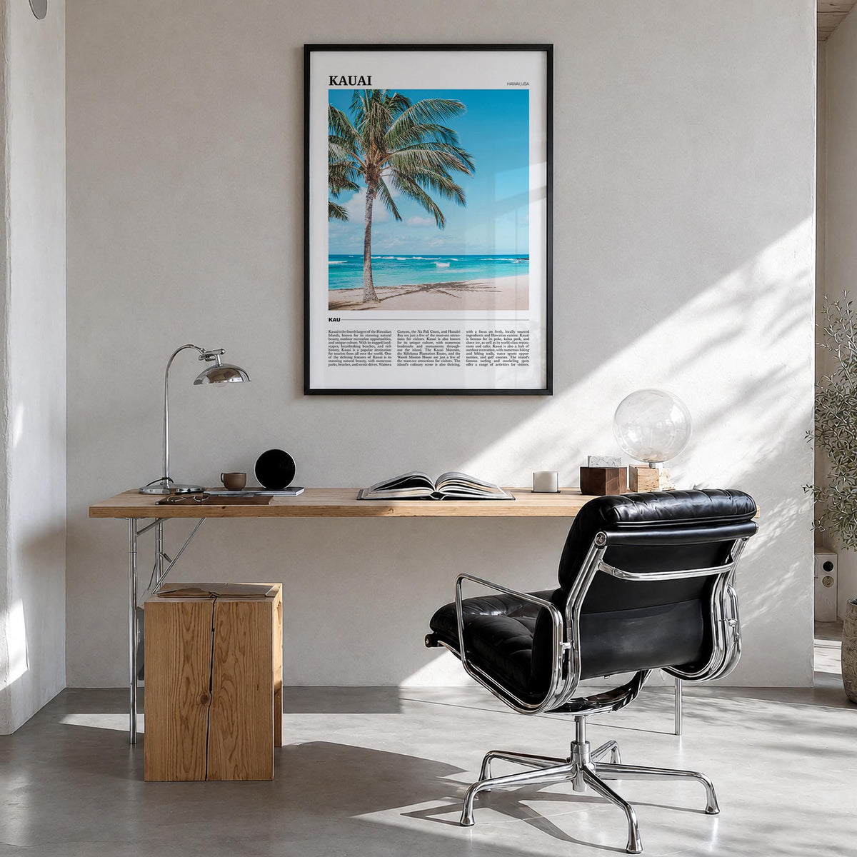 Kauai no. 2 colorful travel poster of Hawaii, USA – vertical wall art in black wood frame, hanging on wall
