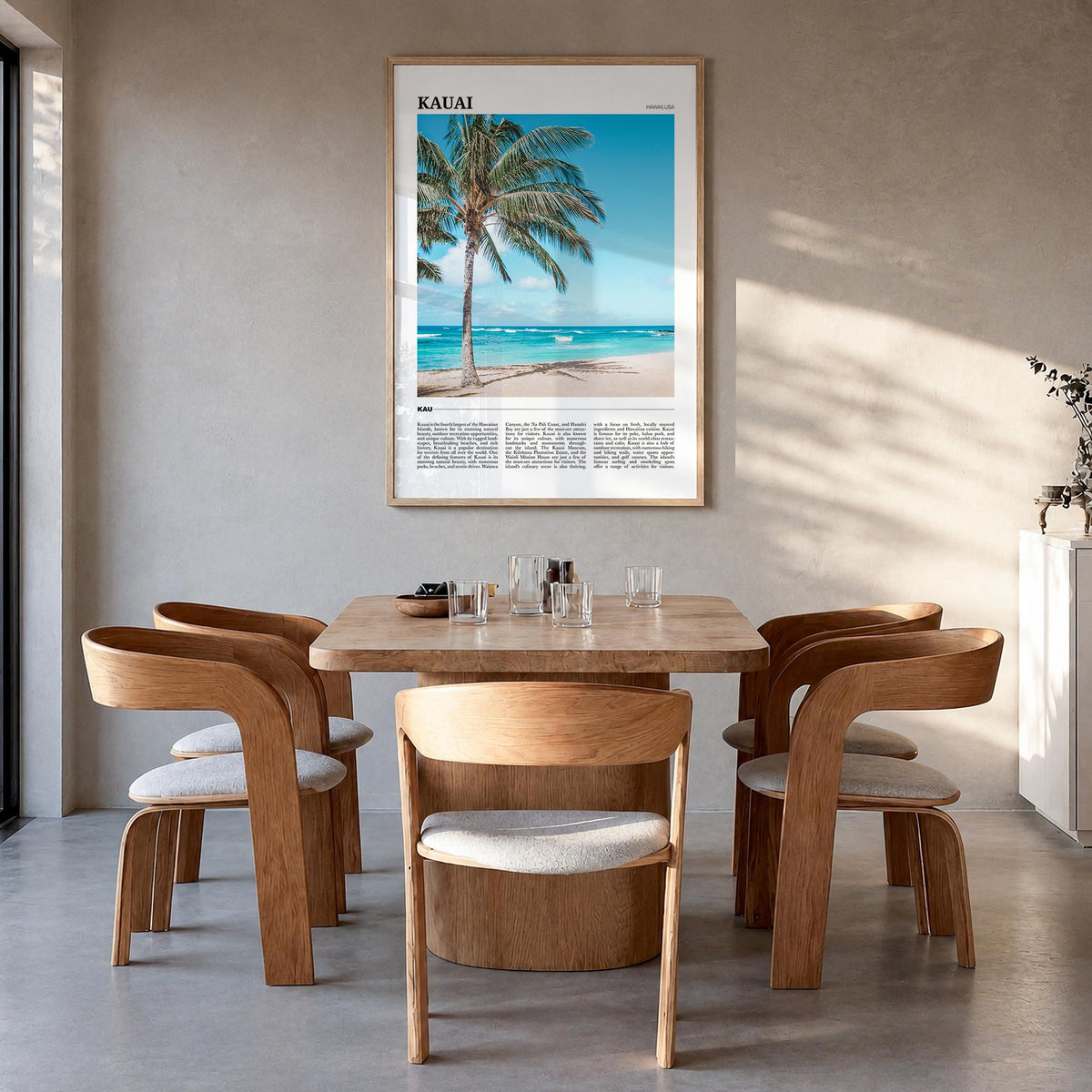 Kauai no. 2 colorful travel poster of Hawaii, USA – vertical wall art in natural wood frame, hanging on wall