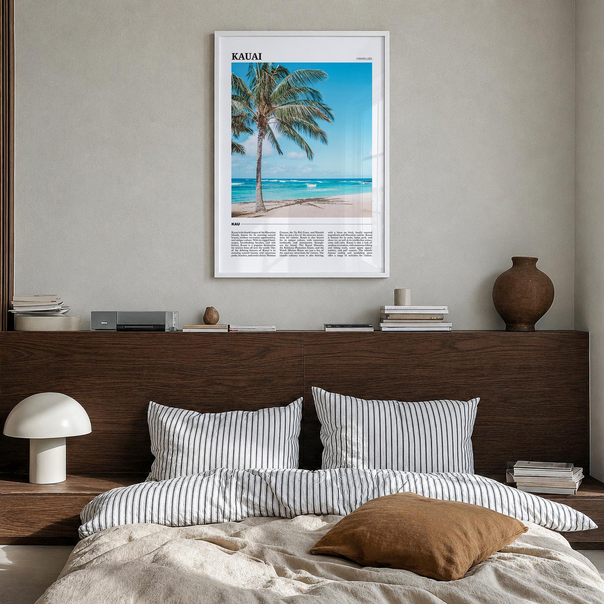 Kauai no. 2 colorful travel poster of Hawaii, USA – vertical wall art in white wood frame, hanging on wall
