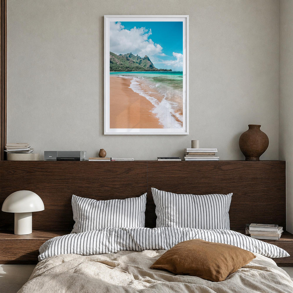 Kauai no. 3 colorful photo poster of Hawaii, USA – vertical wall art in white wood frame with white border, hanging on wall