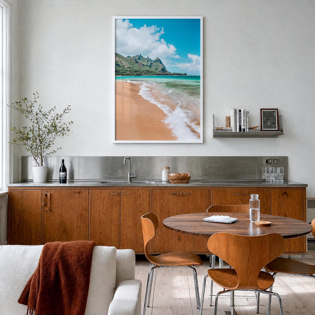 Kauai no. 3 colorful photo poster of Hawaii, USA – vertical wall art in white wood frame, hanging on wall