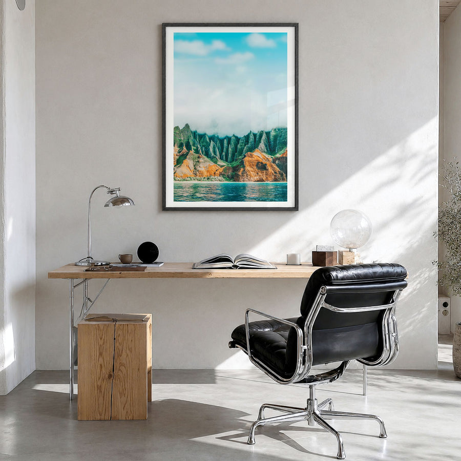 Kauai Photo No 1 Poster in a black wood frame, hanging in a bright home office, white border