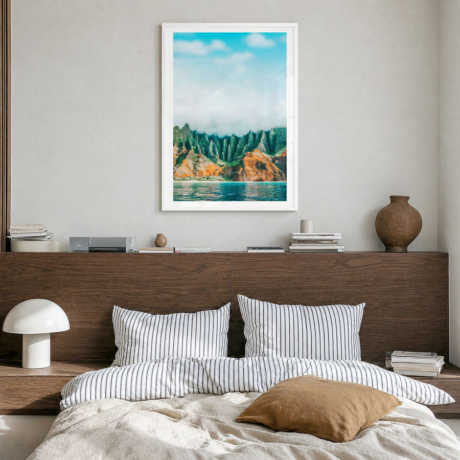 Kauai Photo No 1 Poster in a white wood frame, hanging in a bedroom, white border