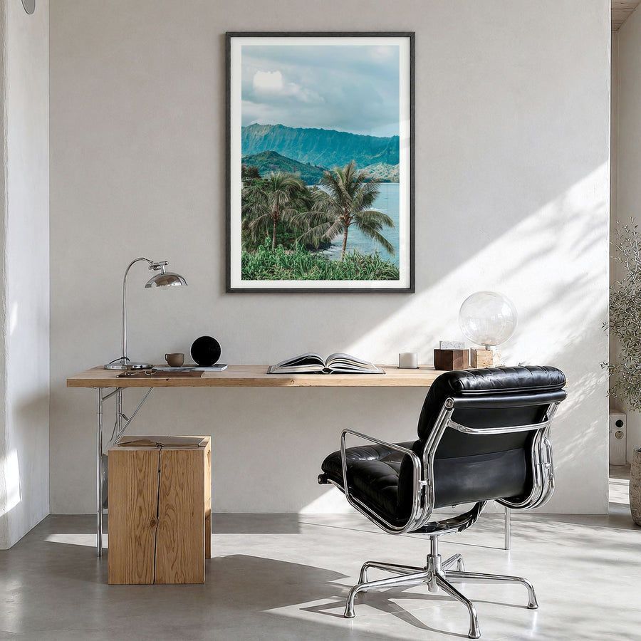 Kauai Photo No 2 Poster in a black wood frame, hanging in a bright home office, white border