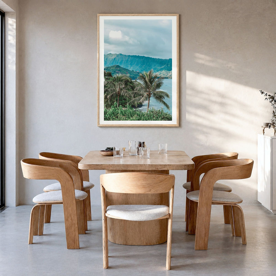 Kauai Photo No 2 Poster in a natural wood frame, hanging in a dining room, white border