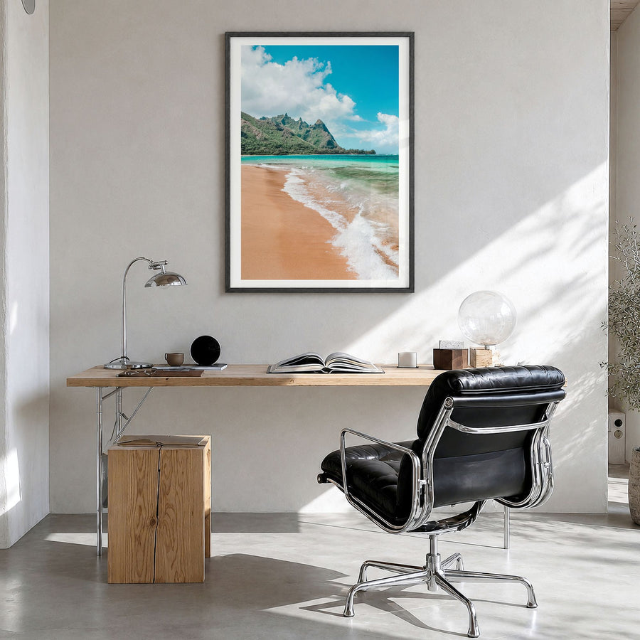 Kauai Photo No 3 Poster in a black wood frame, hanging in a bright home office, white border