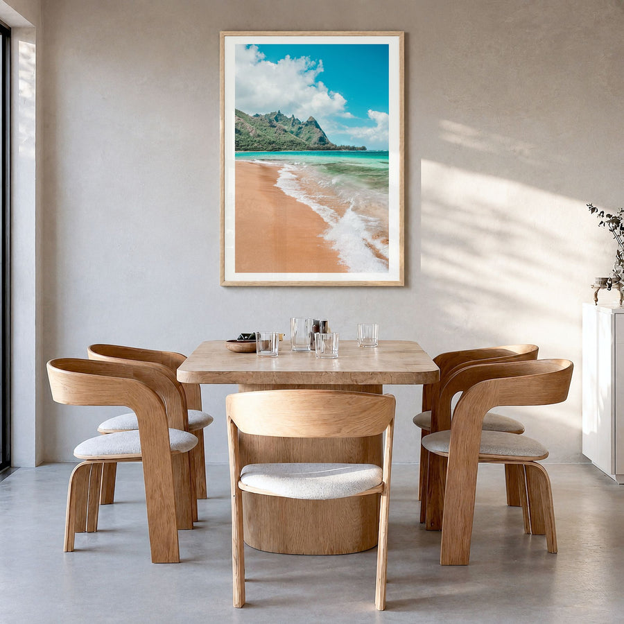 Kauai Photo No 3 Poster in a natural wood frame, hanging in a dining room, white border