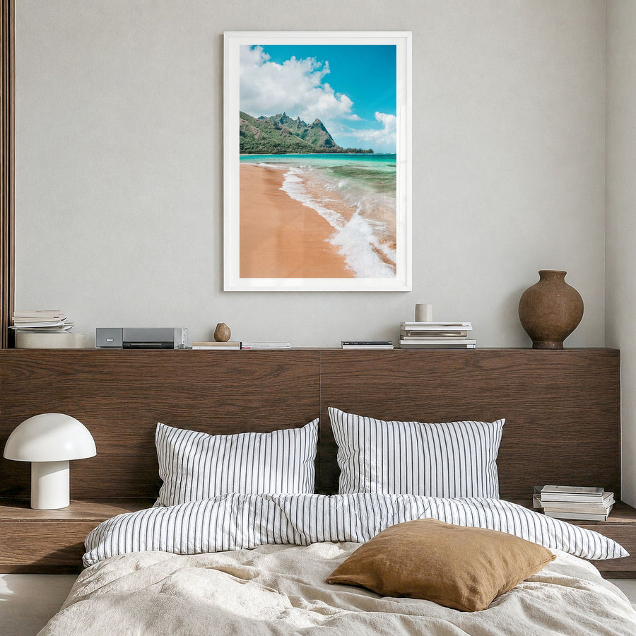 Kauai Photo No 3 Poster in a white wood frame, hanging in a bedroom, white border
