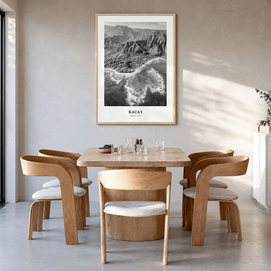 Kauai Classic No 2 Poster in a natural wood frame, hanging in a dining room