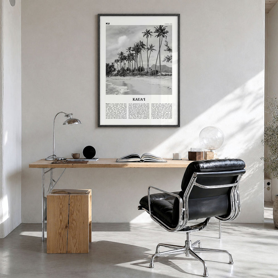 Kauai Newspaper No 2 Poster in a black wood frame, hanging in a bright home office