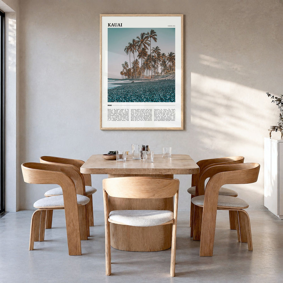 Kauai Travel No 1 Poster in a natural wood frame, hanging in a dining room