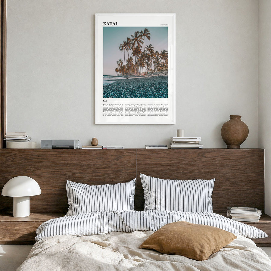 Kauai Travel No 1 Poster in a white wood frame, hanging in a bedroom