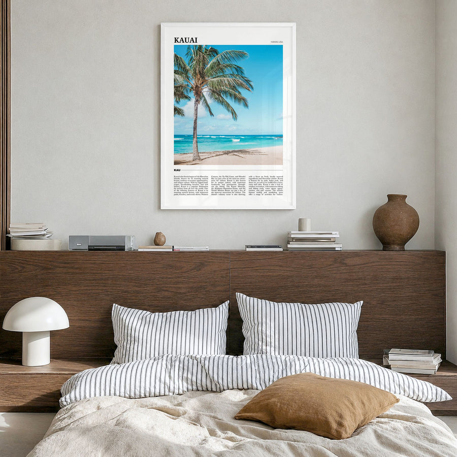 Kauai Travel No 2 Poster in a white wood frame, hanging in a bedroom