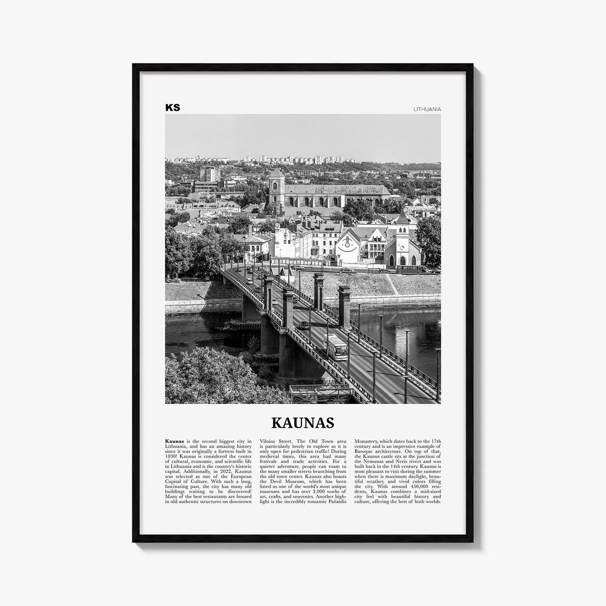 Kaunas black & white newspaper poster of Lithuania – vertical wall art, unframed print shown in interior mockup