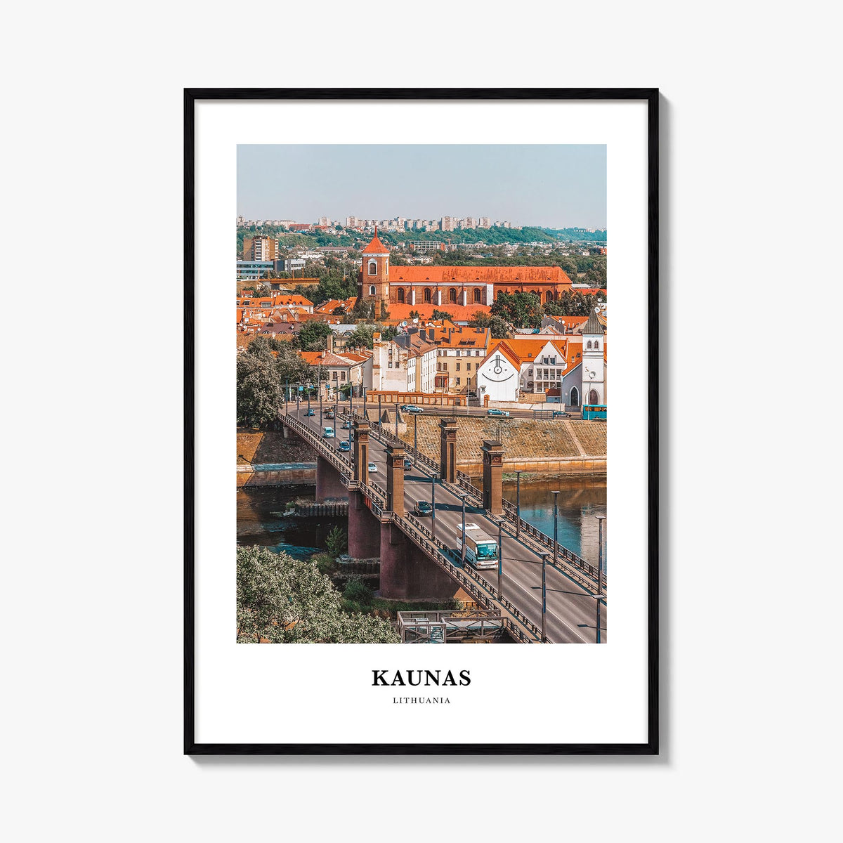 Kaunas colorful classic poster of Lithuania – vertical wall art, unframed print shown in interior mockup