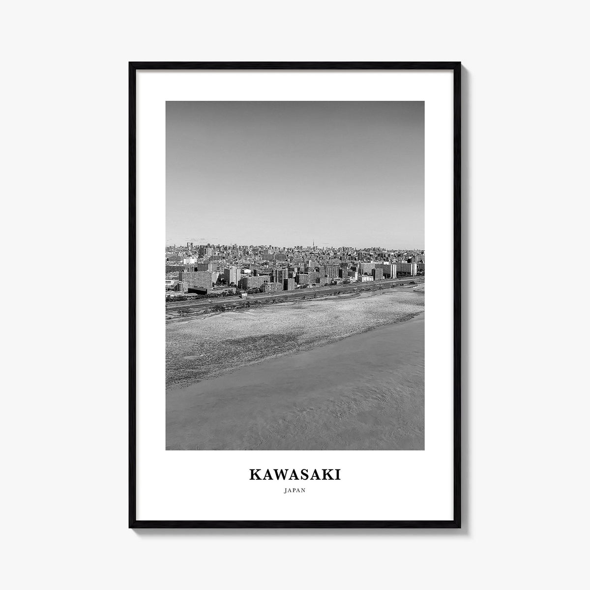 Kawasaki black & white classic poster of Japan – vertical wall art, unframed print shown in interior mockup