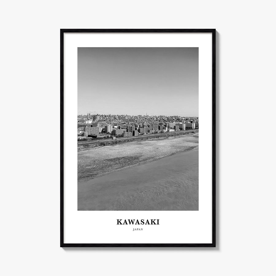 Kawasaki black & white classic poster of Japan – vertical wall art, unframed print shown in interior mockup