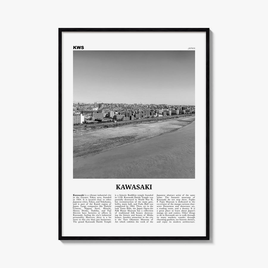 Kawasaki black & white newspaper poster of Japan – vertical wall art, unframed print shown in interior mockup