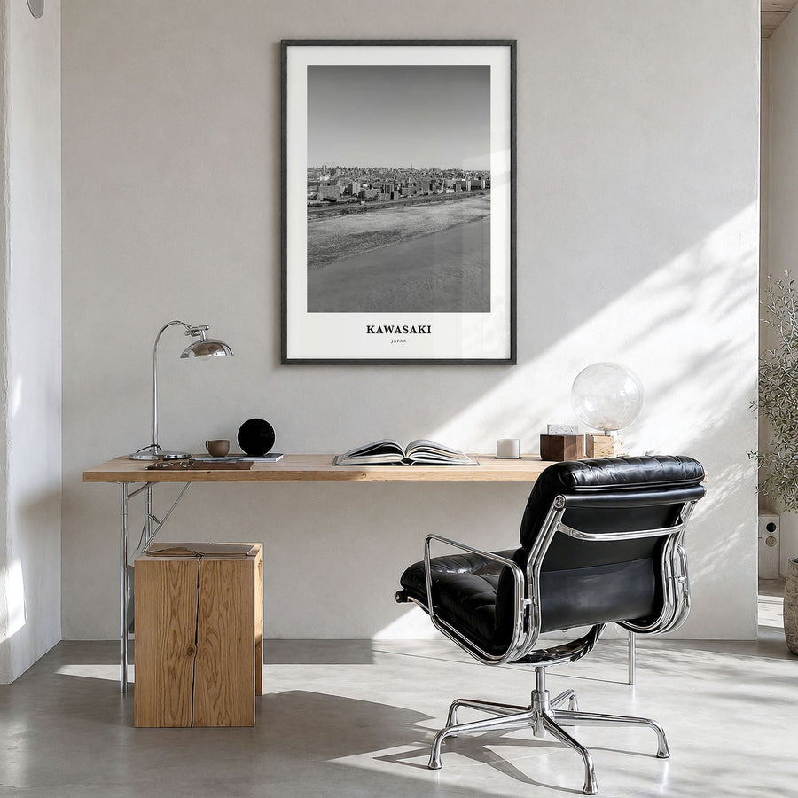 Kawasaki Classic Poster in a black wood frame, hanging in a bright home office