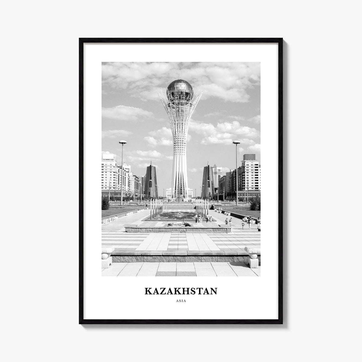 Kazakhstan black & white classic poster of Asia – vertical wall art, unframed print shown in interior mockup