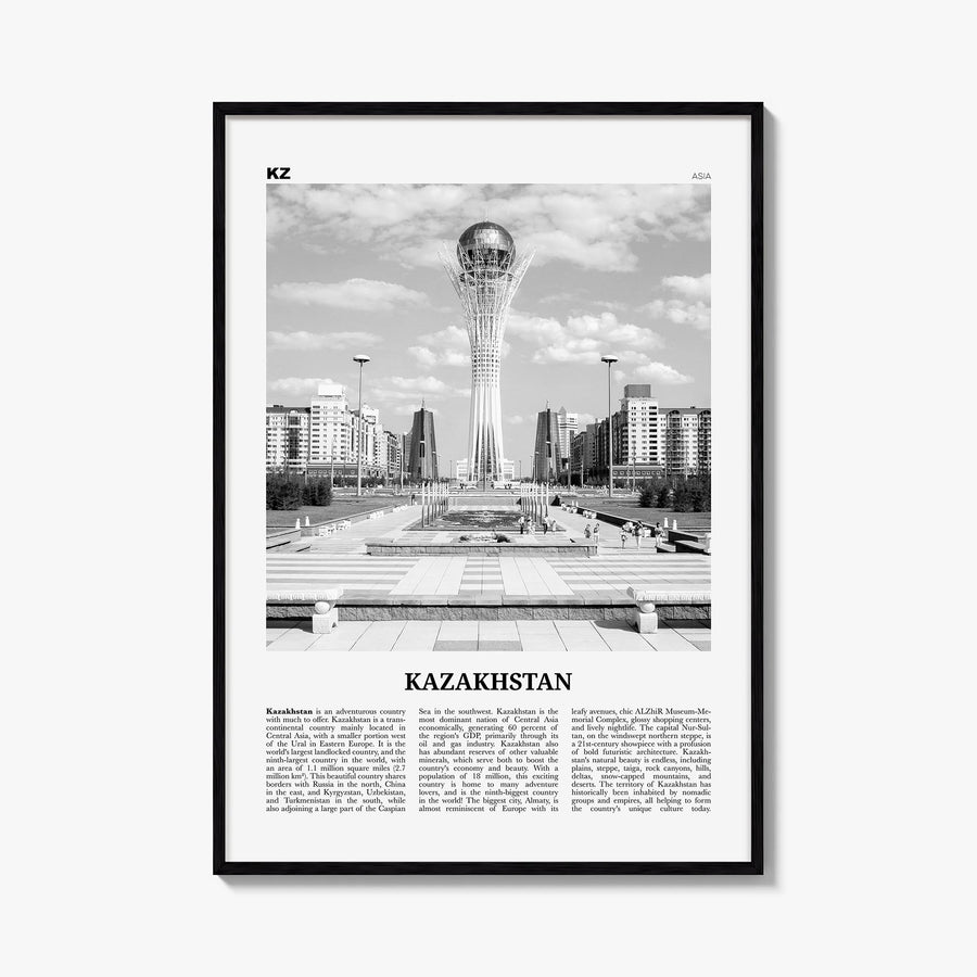 Kazakhstan black & white newspaper poster of Asia – vertical wall art, unframed print shown in interior mockup