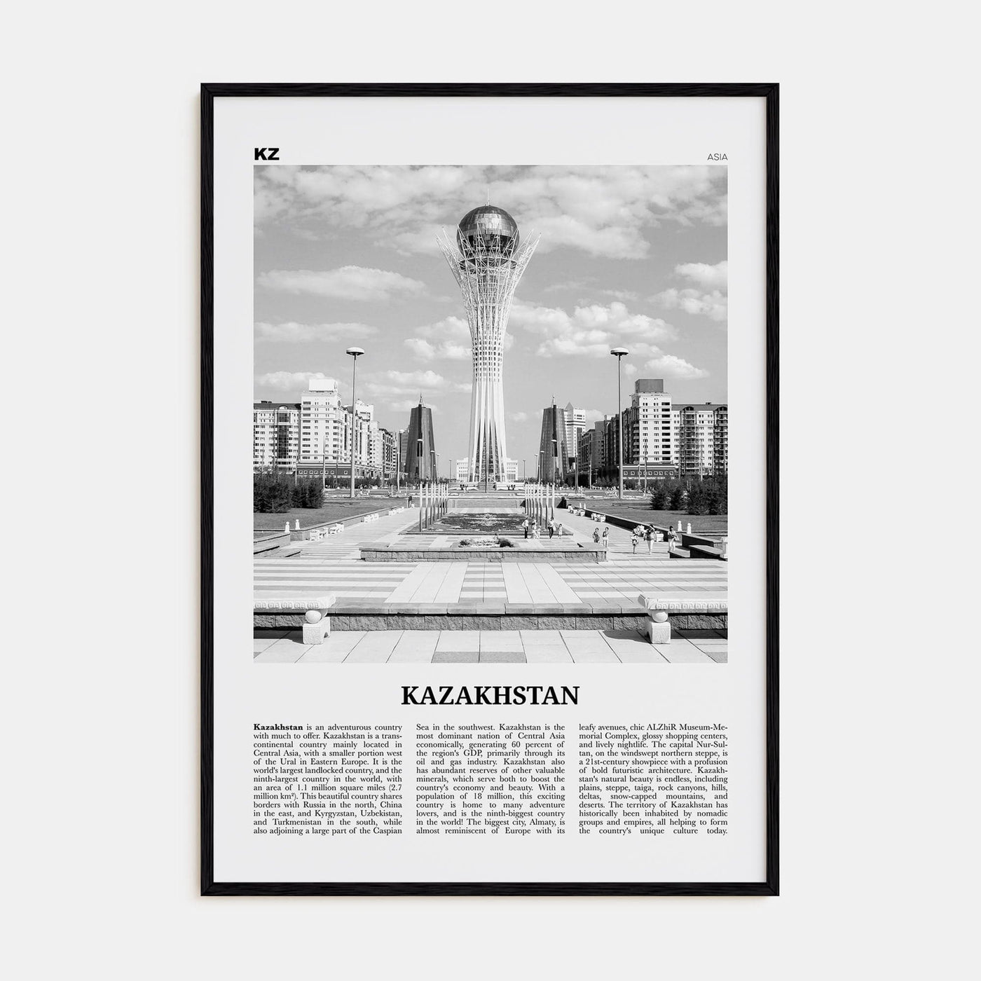 Kazakhstan Poster Black Wood / 8x12 in Nbourhood Travel B&W Poster