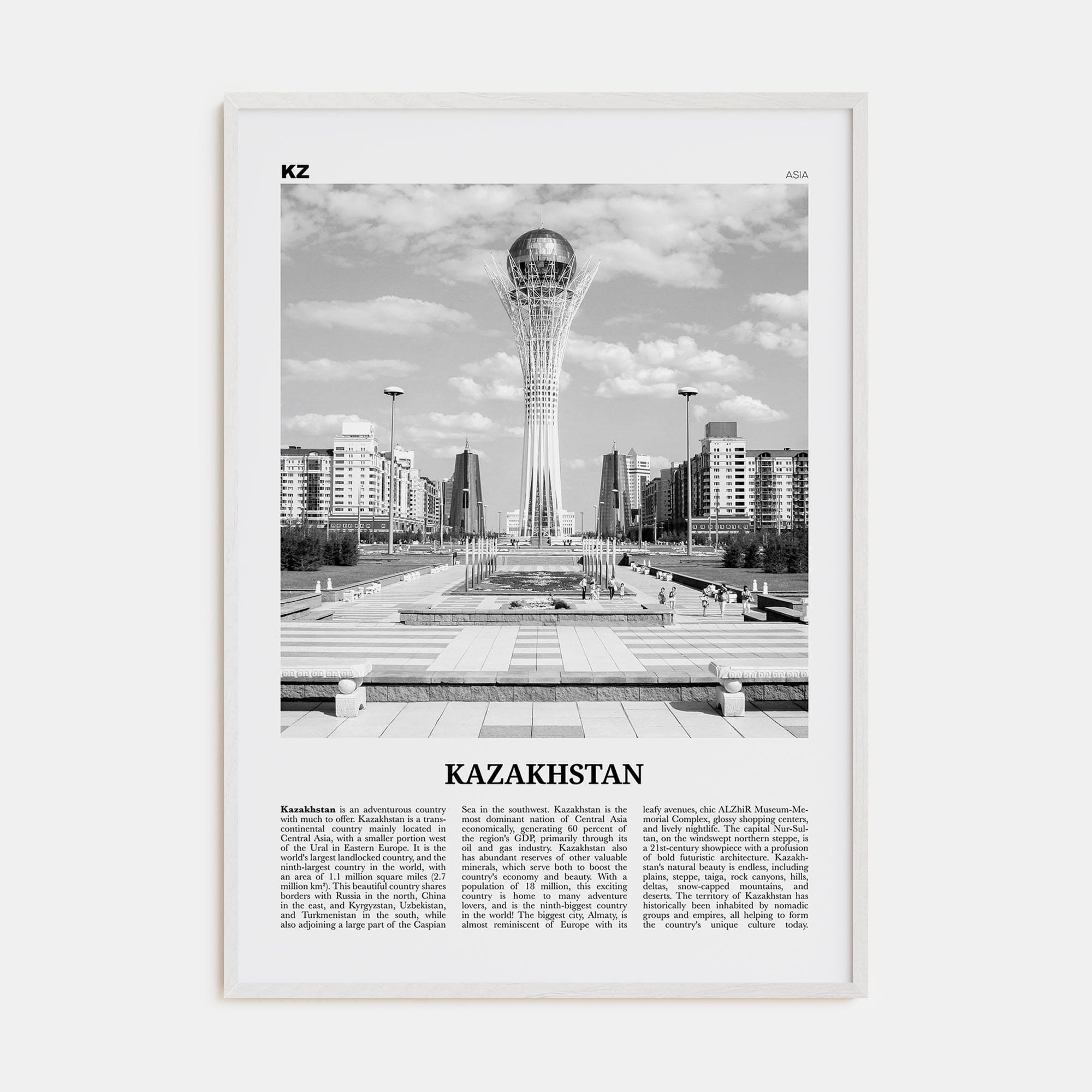 Kazakhstan Poster White Wood / 8x12 in Nbourhood Travel B&W Poster