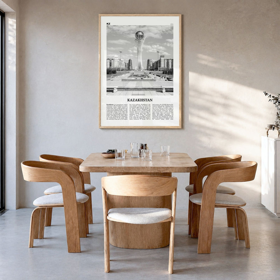 Kazakhstan Newspaper Poster in a natural wood frame, hanging in a dining room