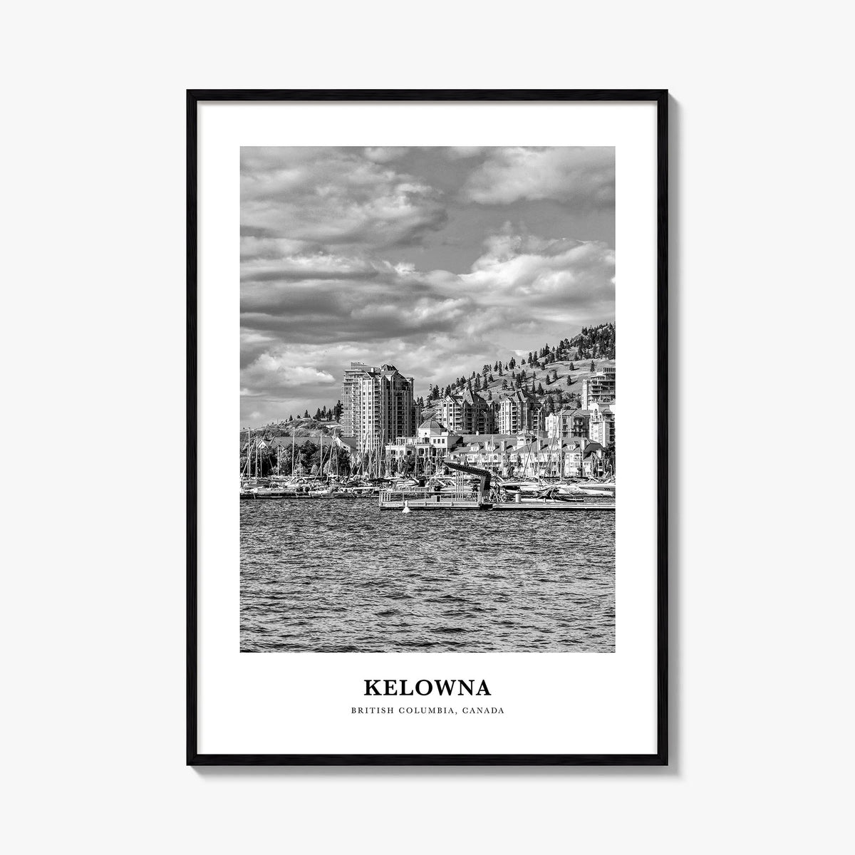 Kelowna black & white classic poster of British Columbia, Canada – vertical wall art, unframed print shown in interior mockup