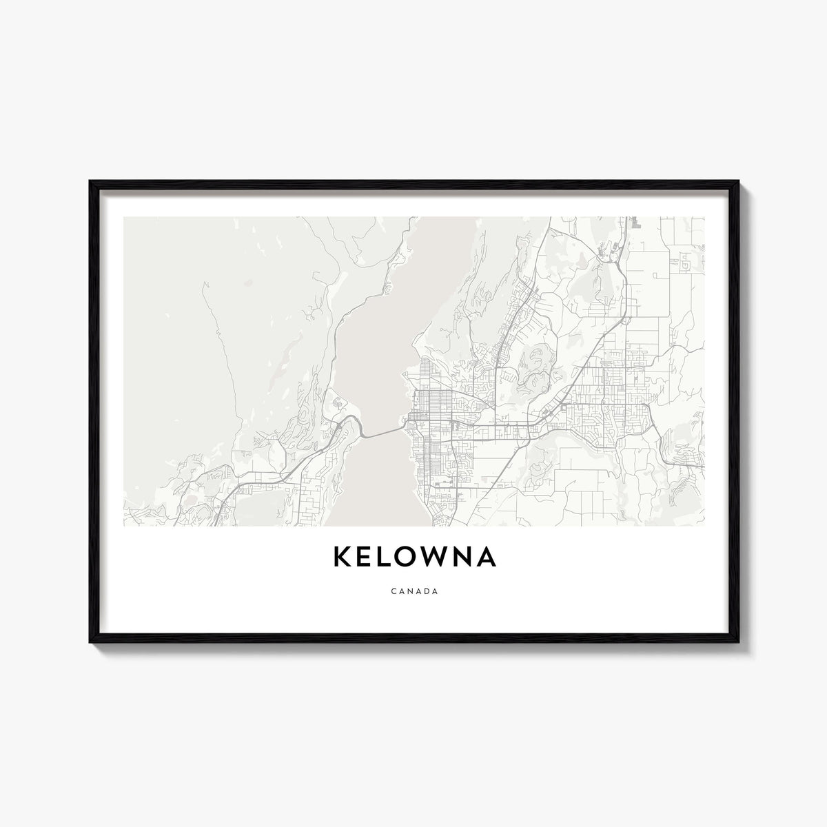 Kelowna black & white map poster of British Columbia, Canada – horizontal wall art, unframed print shown in interior mockup