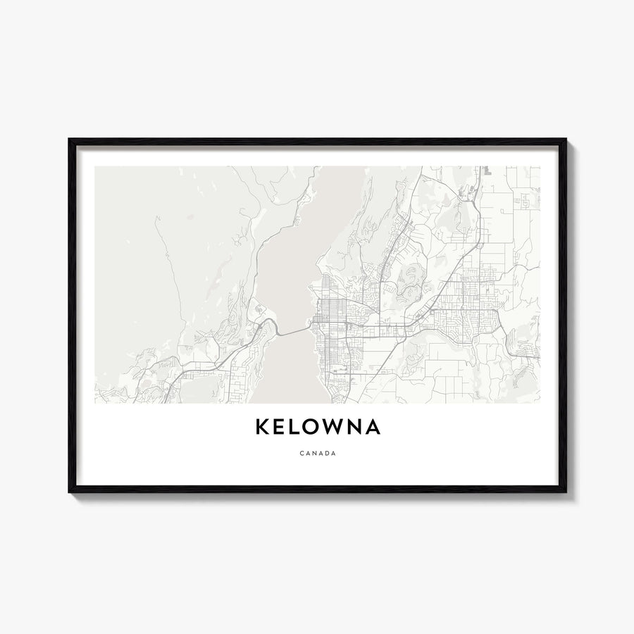 Kelowna black & white map poster of British Columbia, Canada – horizontal wall art, unframed print shown in interior mockup