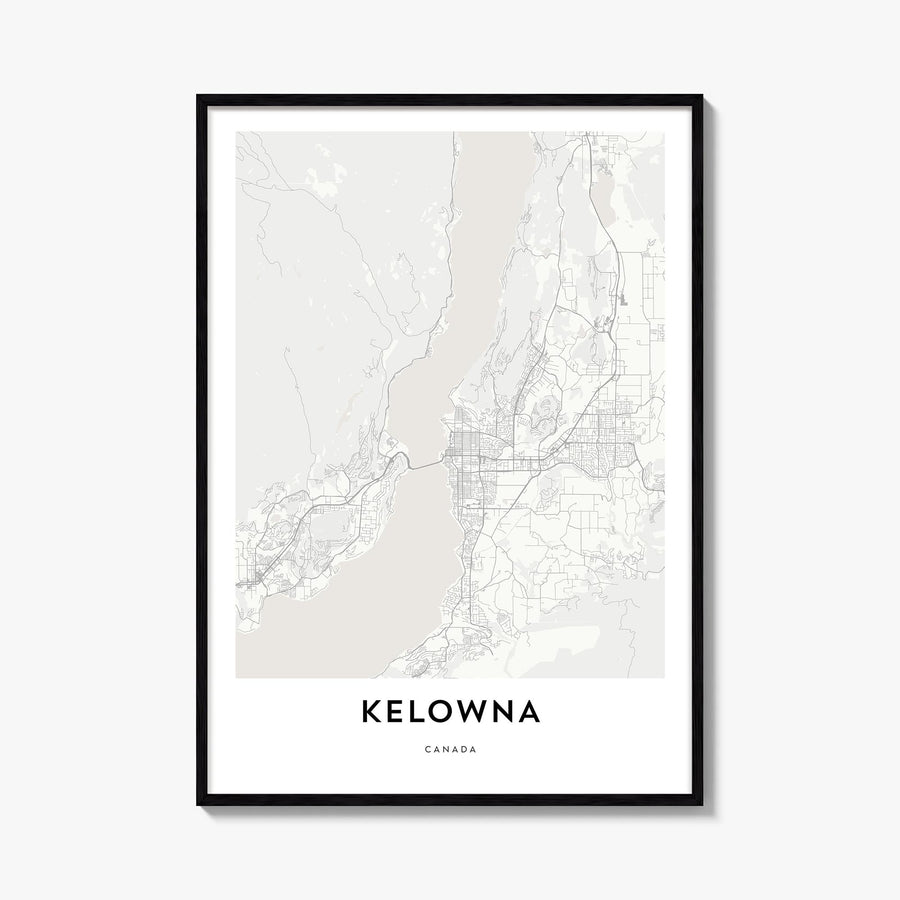 Kelowna black & white map poster of British Columbia, Canada – vertical wall art, unframed print shown in interior mockup