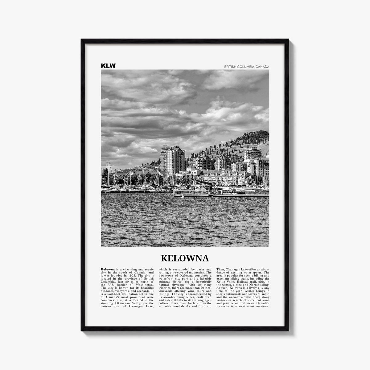 Kelowna black & white newspaper poster of British Columbia, Canada – vertical wall art, unframed print shown in interior mock