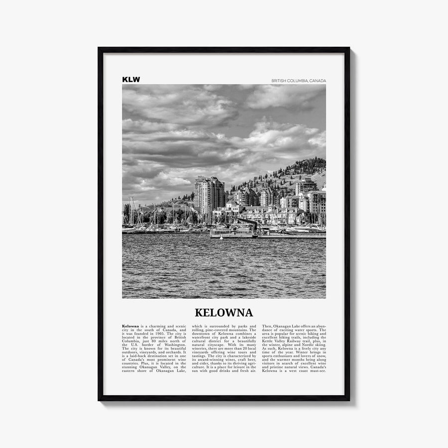 Kelowna black & white newspaper poster of British Columbia, Canada – vertical wall art, unframed print shown in interior mock