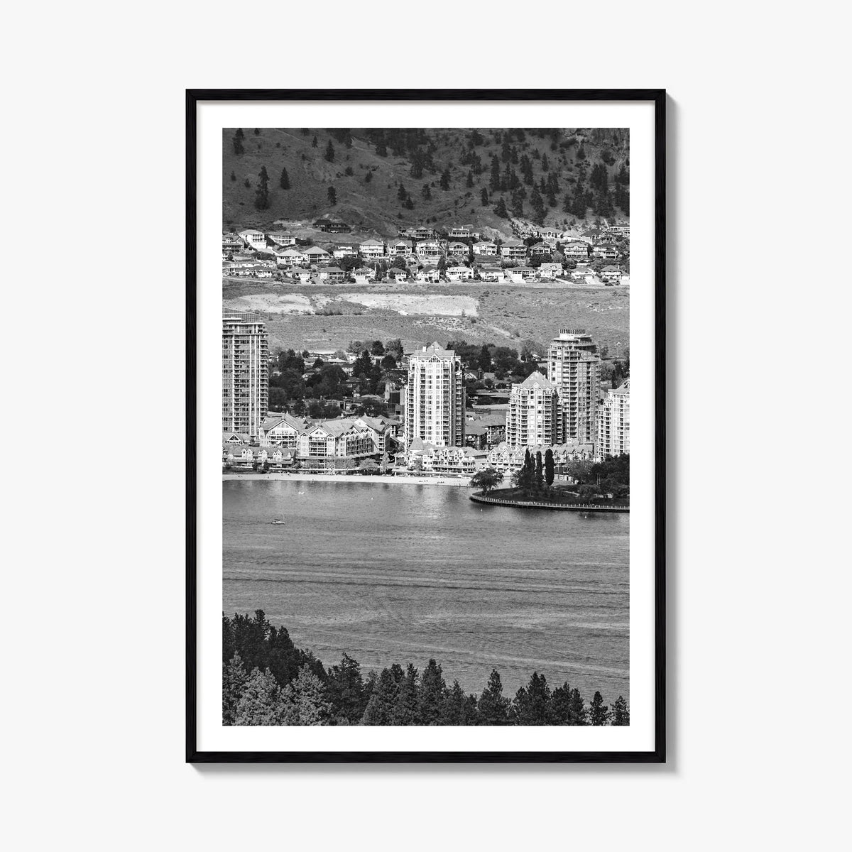 Kelowna black & white photo poster of British Columbia, Canada – vertical wall art, unframed print shown in interior mockup