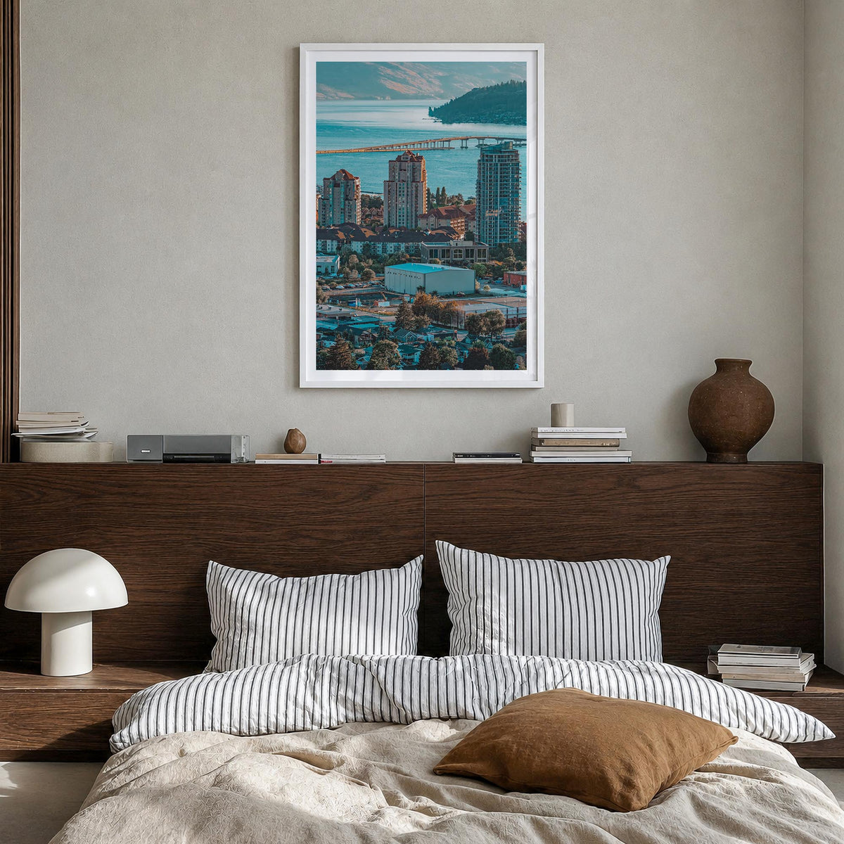 Kelowna colorful photo poster of British Columbia, Canada – vertical wall art in white wood frame with white border, hanging 