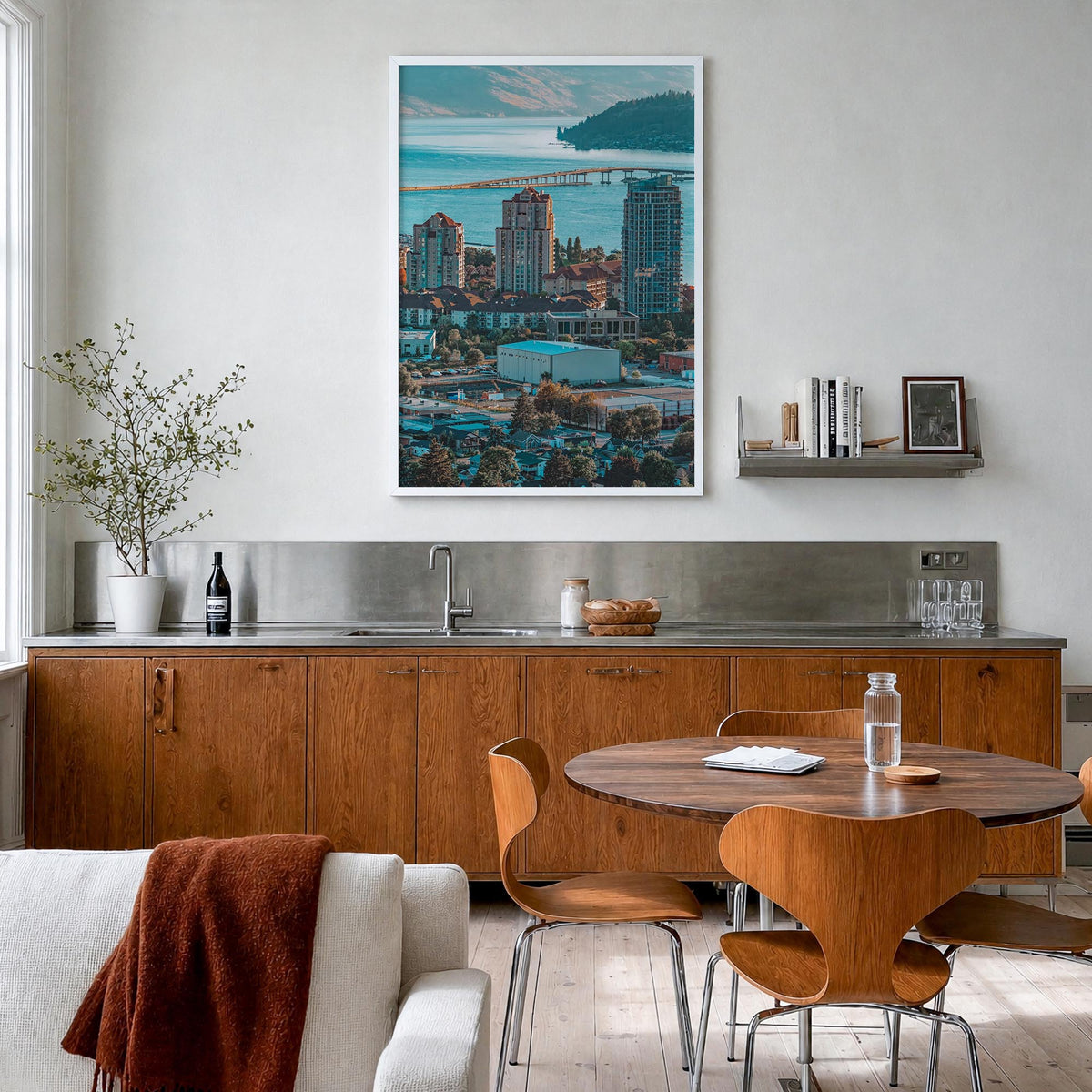 Kelowna colorful photo poster of British Columbia, Canada – vertical wall art in white wood frame, hanging on wall